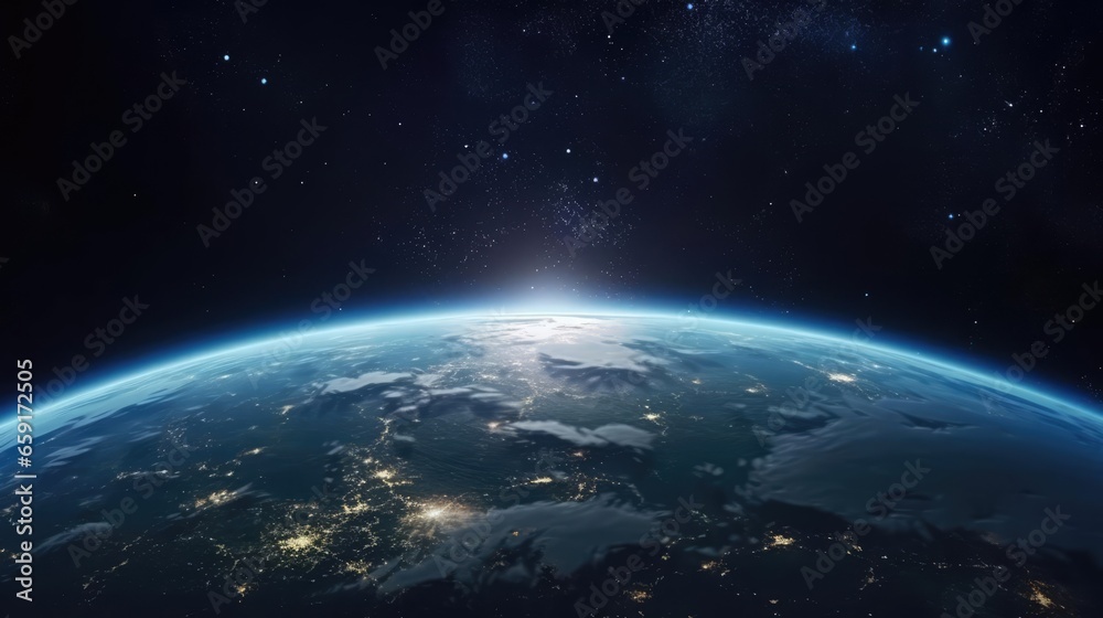 Nightly planet Earth in dark outer space - obrazy, fototapety, plakaty 