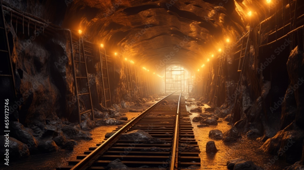 Naklejka premium Lit and railed tunnel for miners