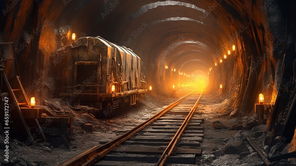 Naklejka premium Lit and railed tunnel for miners