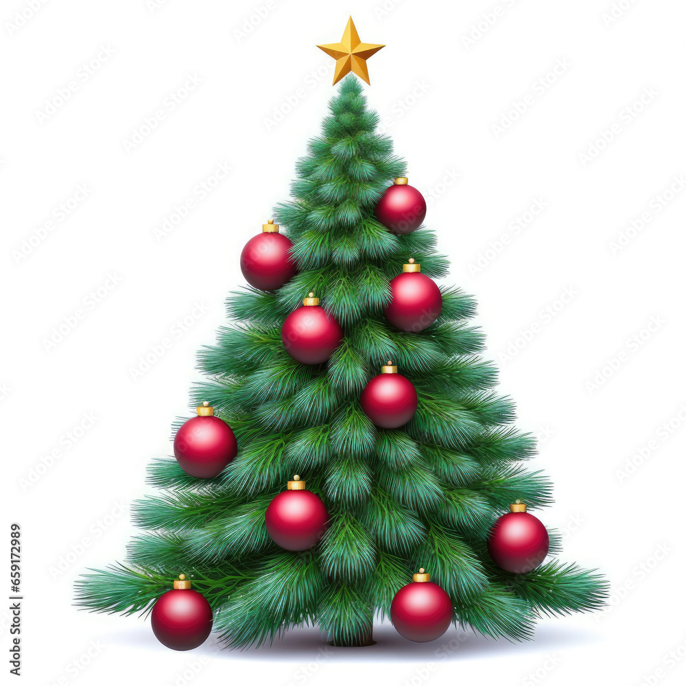 Green Christmas tree with star and balls isolated on a white background.