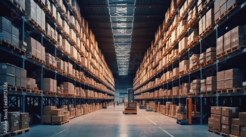 A large warehouse with numerous items. Rows of shelves with boxes. Logistics.