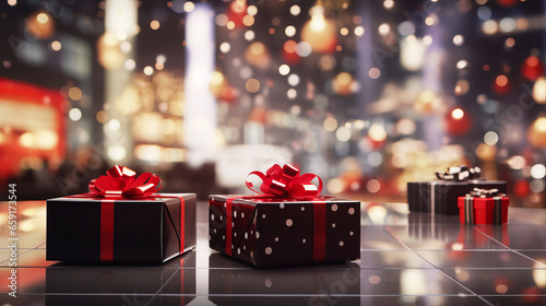 Black and red gift boxes on the floor in a shopping center, blurred background. Black Friday mood, discount and sale concept.