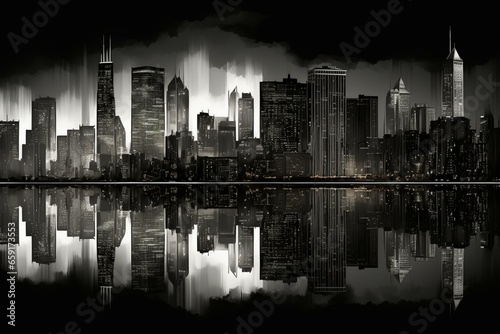Drawing of urban skyline reflected on water, against white and black background. Generative AI
