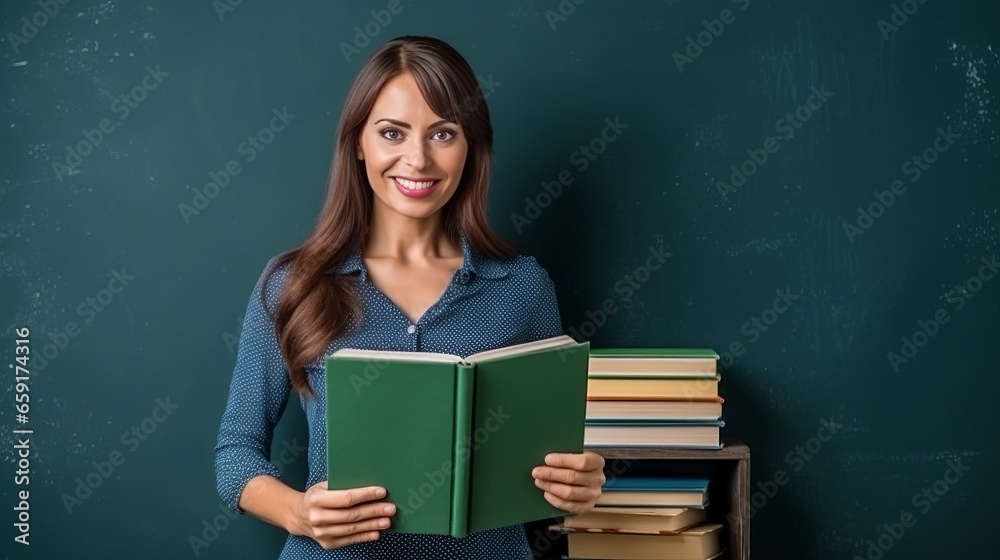 teacher holding chalk and book on green chalkboard background teacher holding chalk and book on green chalkboard background