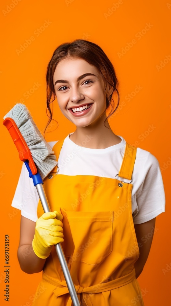 woman smiling, looking straight in camera, holding cleaning items, orange background. woman smiling, looking straight in camera, holding cleaning items, orange background.