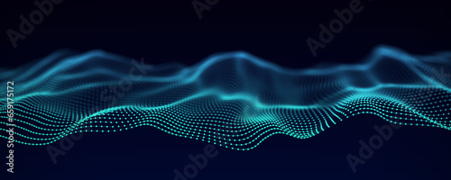 Digital motion wave with dots on the dark background. The futuristic abstract structure of network connection or DNA. Big data visualization. 3D rendering.