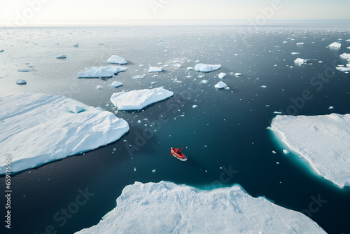 Generative AI illustration of aerial view of canoe floating in calm clear water with icebergs in Greenland in daylight