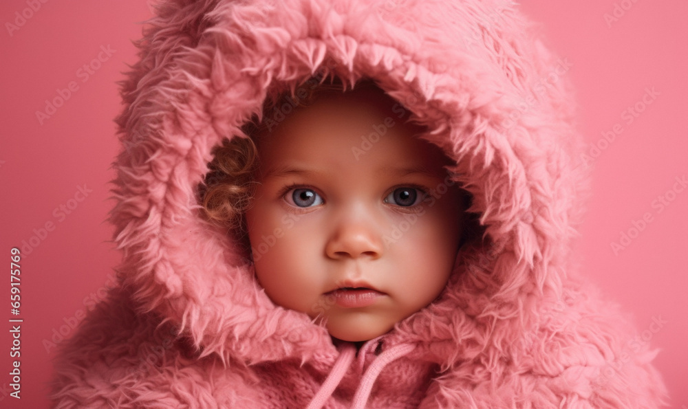 Generative AI illustration of serious baby girl in pink hoodie looking at camera while sitting against pink background Generative AI illustration of serious baby girl in pink hoodie looking at camera while sitting against pink background