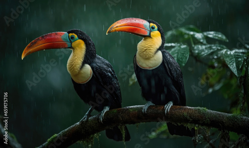 Generative AI illustration of couple of toucans with colorful beaks sitting on tree branch in rainforest photo