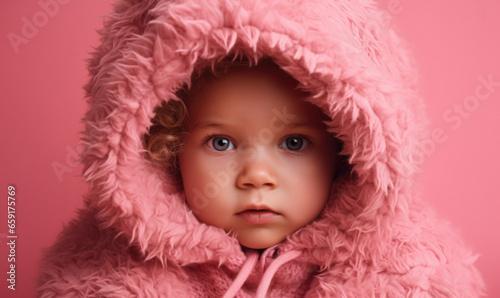 Generative AI illustration of serious baby girl in pink hoodie looking at camera while sitting against pink background photo
