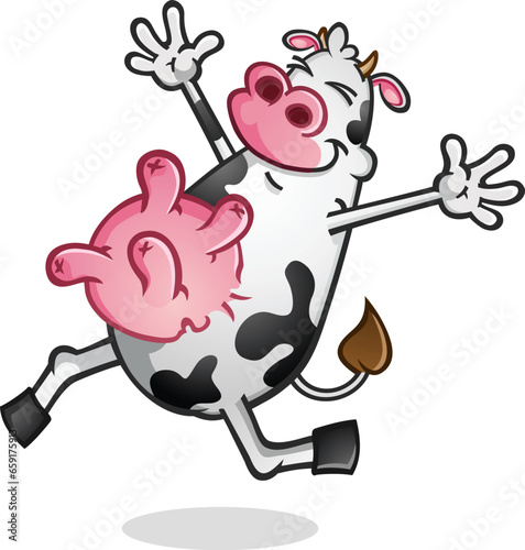 A smiling cow cartoon character with black and white spots and a big round full udder frolicking cheerfully through the meadow and loving life