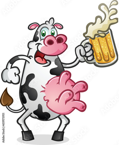A happy cow cartoon with big round pink udders smiling and holding a tall mug of cold delicious beer getting ready to take a big drink and get a little tipsy on the farm