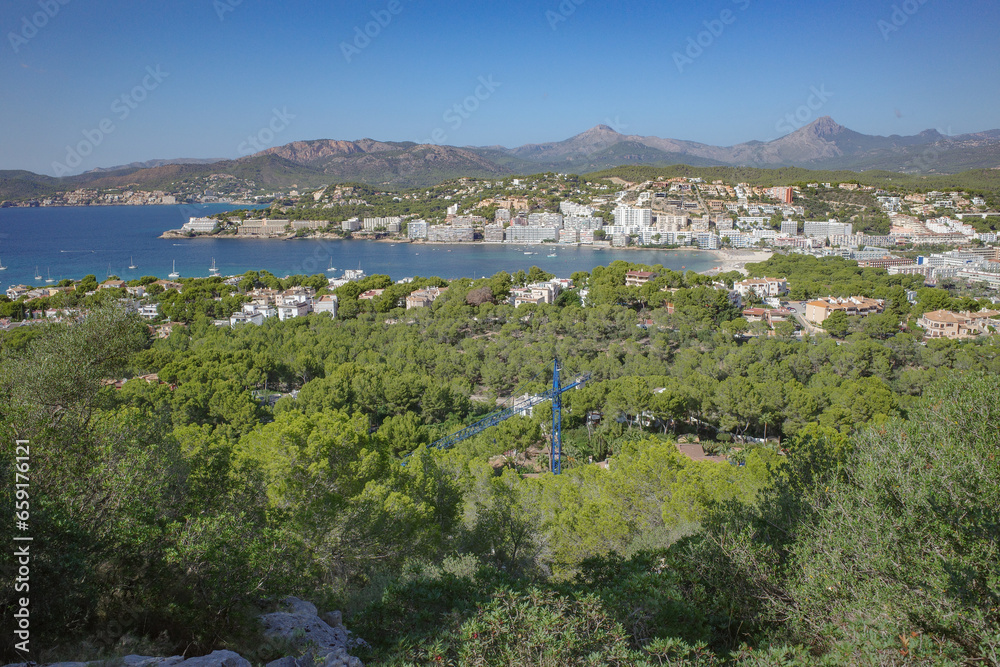 Mallorca, Spain - 8 Oct, 2023: Views of Santa Ponsa from Puig de sa Morisca archaeological site