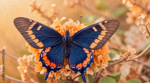 Blue butterfly on a peachy orange flower