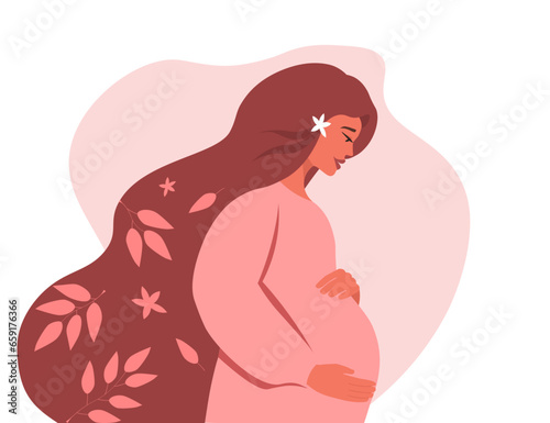 Pregnant beautiful woman in profile. The expectant mother looks lovingly at her belly. Vector graphics.