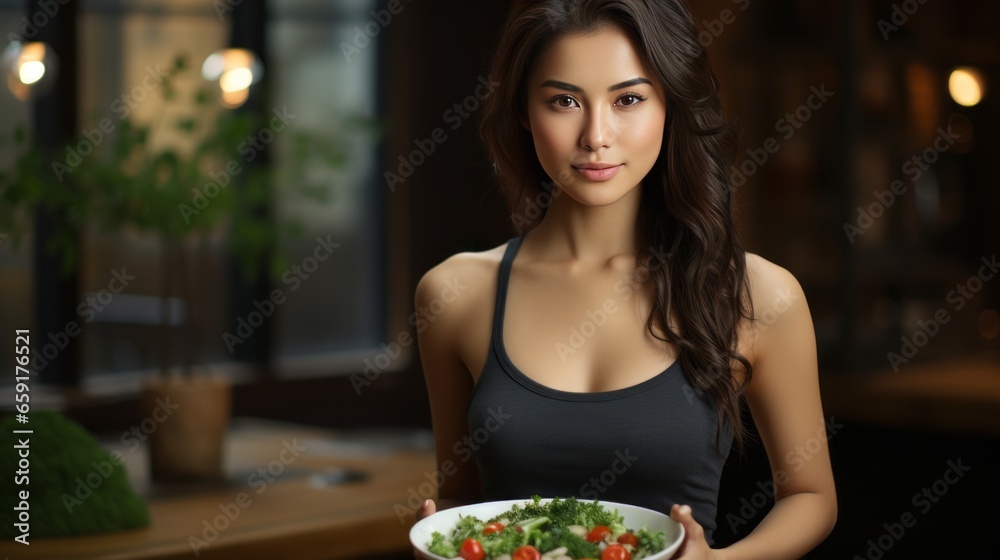 Portrait of cute asian attractive woman hold salad bowl and look at camera.generative ai