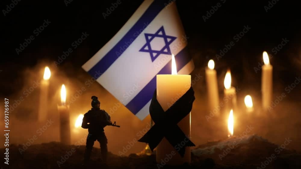 Israel Flag On Burning Dark Background With Candle Attack On Israel 