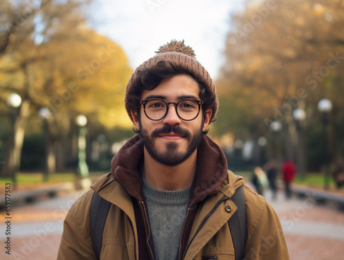 Acercamiento de un hombre joven latino con gafas, usando ropa de invierno paseando por un hermoso parque de la ciudad de México photo