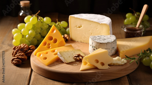 beautiful professional photograph of cheese on the table, types of cheese, cheese tasting, blue cheese, cutting board, table, bunch of grapes