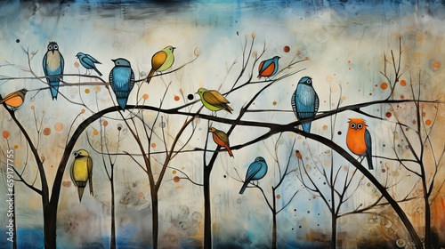birds on trees, background, art brut