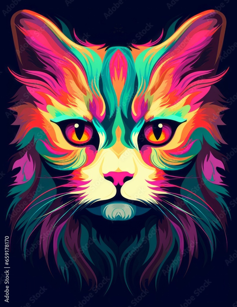 A face of a cat with bright colors. An illustration of a cat with a mystical style. A symmetrically drawn cat head. A symmetrical face of a cat looking straight ahead.
