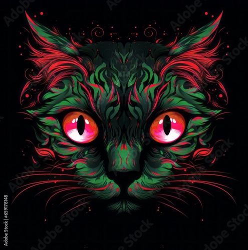 A face of a cat with bright colors. An illustration of a cat with a mystical style. A symmetrically drawn cat head. A symmetrical face of a cat looking straight ahead. 