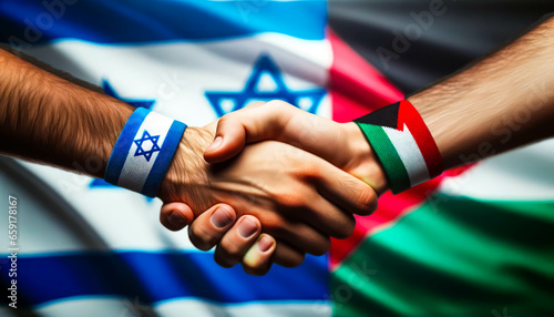 Making peace between Palestine and Israel. Peace Treaty. Peace negotiations. Resolution of the conflict. A handshake between two countries