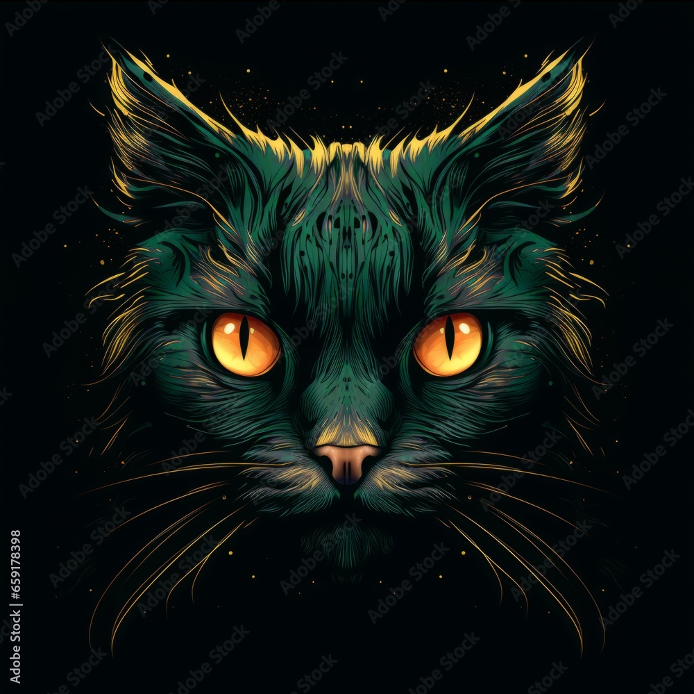 A face of a cat with bright colors. An illustration of a cat with a mystical style. A symmetrically drawn cat head. A symmetrical face of a cat looking straight ahead.
