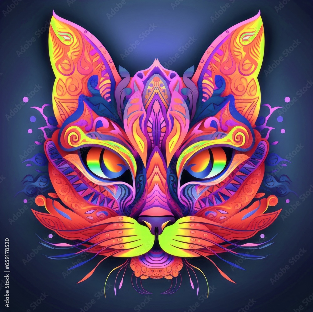 Naklejka premium A face of a cat with bright colors. An illustration of a cat with a mystical style. A symmetrically drawn cat head. A symmetrical face of a cat looking straight ahead. 