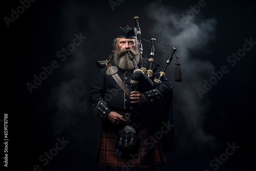 scottish traditional bagpiper with full dress