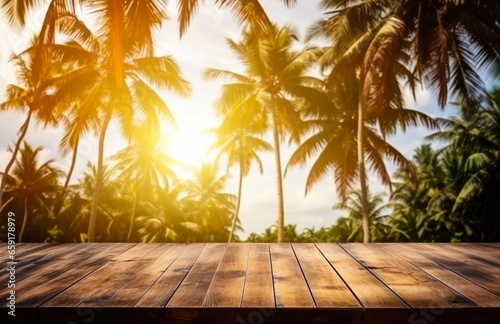 Empty rustic old wooden boards table copy space with coconut palms near sea in background. Some nuts on desk. Product display template. Generative AI