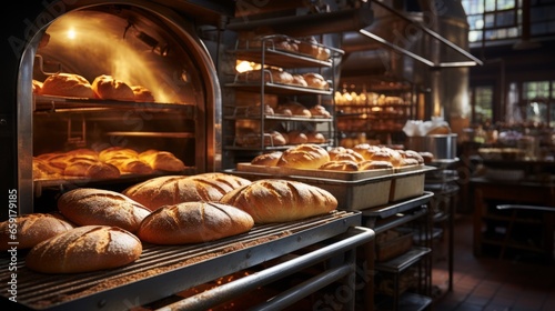 A bakers oven in a bustling bakery. Generative AI