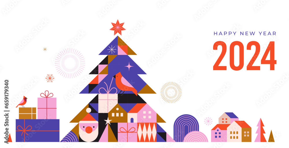 Happy New Year 2025. Christmas tree in modern minimalist geometric