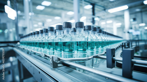 A pharmaceutical manufacturing facility featuring a conveyor line processing glass bottles and ampoules