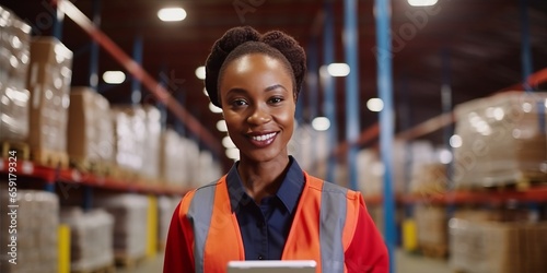 african american woman worker in a hardware warehouse standing checking supplies on his tablet.generative ai