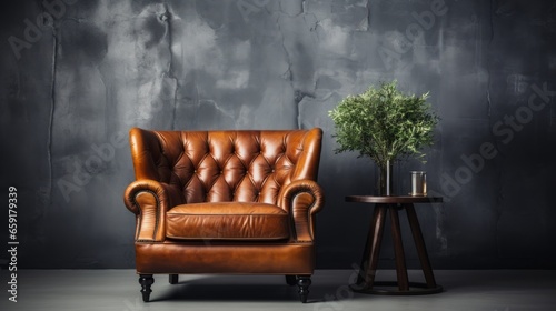 A beautiful and stylish brown leather armchair. Generative AI