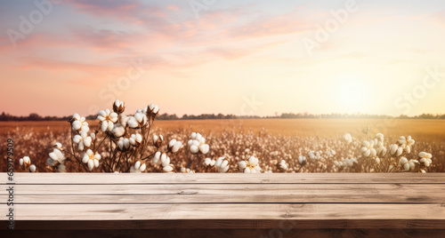 Empty rustic old wooden boards table copy space with cotton plants and white flowers in background. Product display template. Generative AI