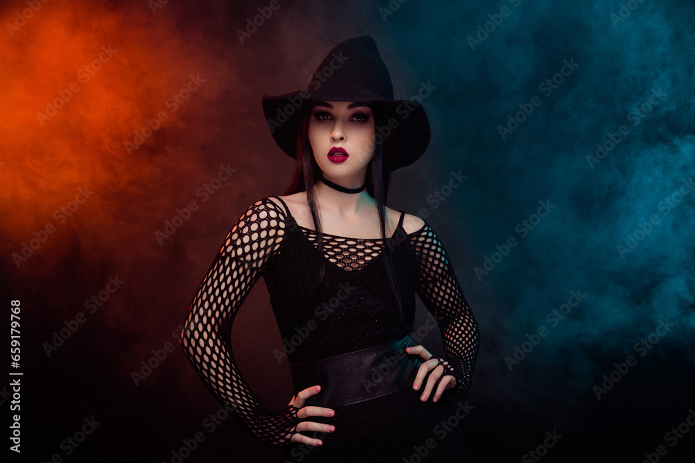 Photo of lady enjoy halloween festival cosplay dark bride witch over mystical neon background Photo of lady enjoy halloween festival cosplay dark bride witch over mystical neon background