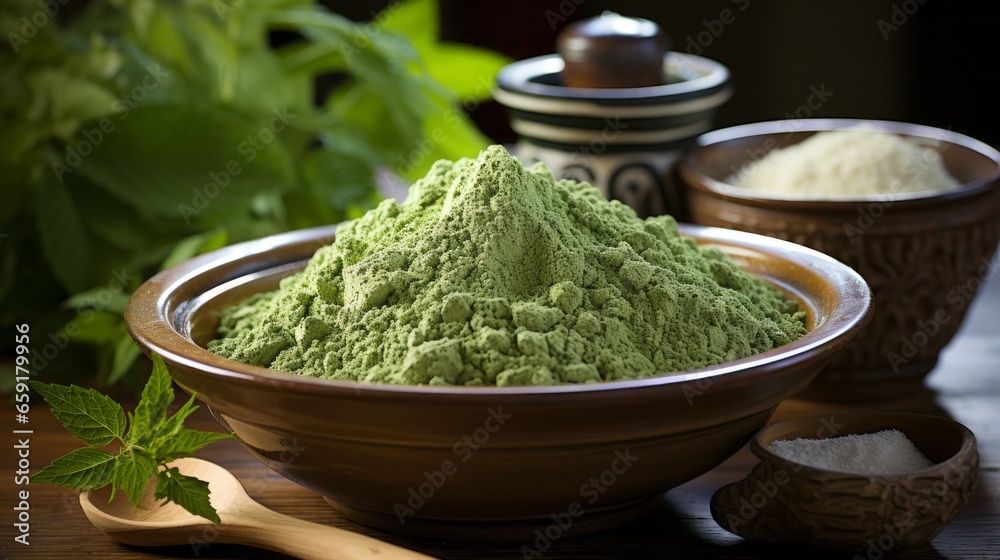 A bowl of green powder. Generative AI A bowl of green powder. Generative AI