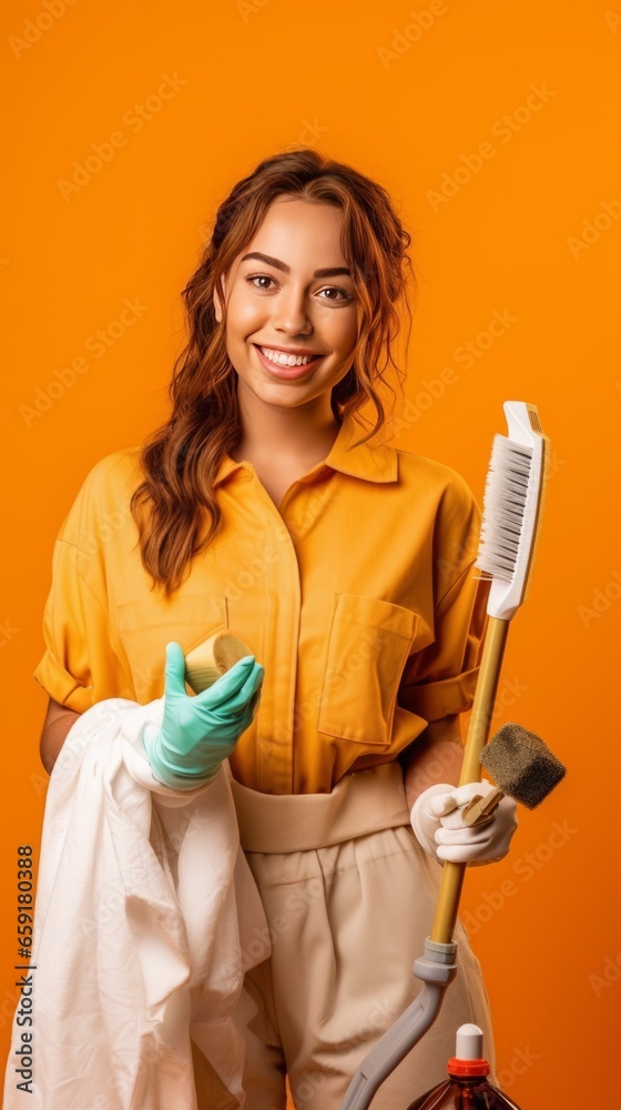woman smiling, looking straight in camera, holding cleaning items, orange background. woman smiling, looking straight in camera, holding cleaning items, orange background.