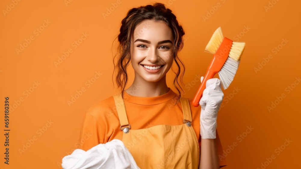 woman smiling, looking straight in camera, holding cleaning items, orange background.generative ai woman smiling, looking straight in camera, holding cleaning items, orange background.generative ai