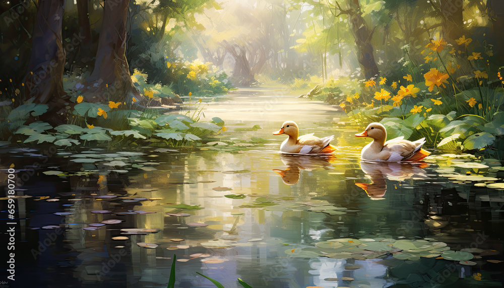 Fototapeta premium Watercolor Duck Family: Tranquil Pond Bliss