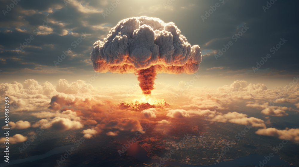 A mushroom cloud from an atomic explosion soaring above the clouds - obrazy, fototapety, plakaty 
