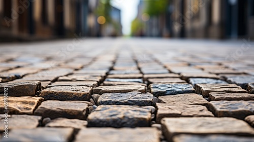 A cobblestone street with a pattern of rough uneven. Generative AI