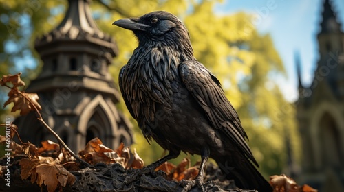 A crow perched atop a tombstone. Generative AI