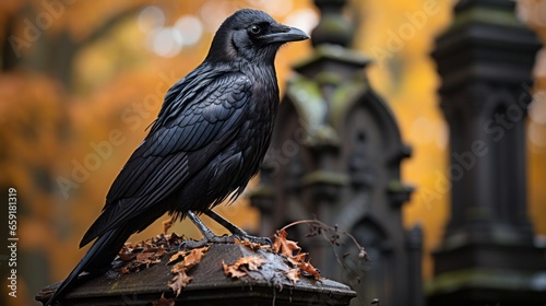 A crow perched atop a tombstone. Generative AI