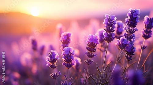 Sanset purple lavender field close up photo