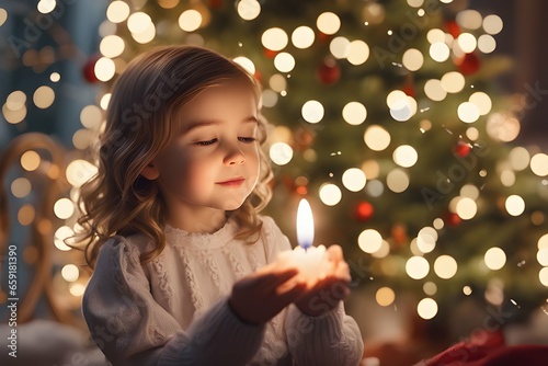 Little girl making a wish in front of the Christmas tree. Generative AI