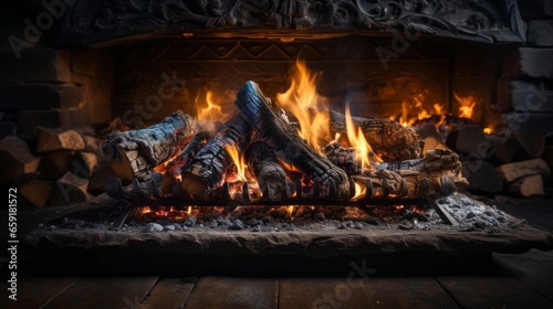 A fireplace with a fire in it. Generative AI