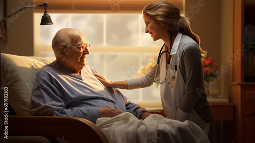 Tender Care in the Golden Years  Joyful Nurse Ensuring the Comfort of an Elderly Man with a Cozy Blanket in a Nursing Home © Saran